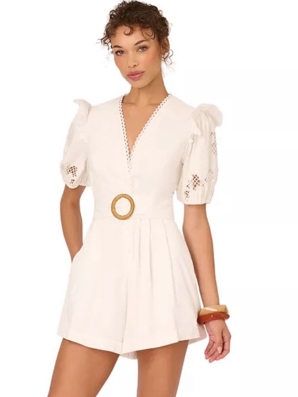 Adrianna Papell White Eyelet Puff Sleeve Romper